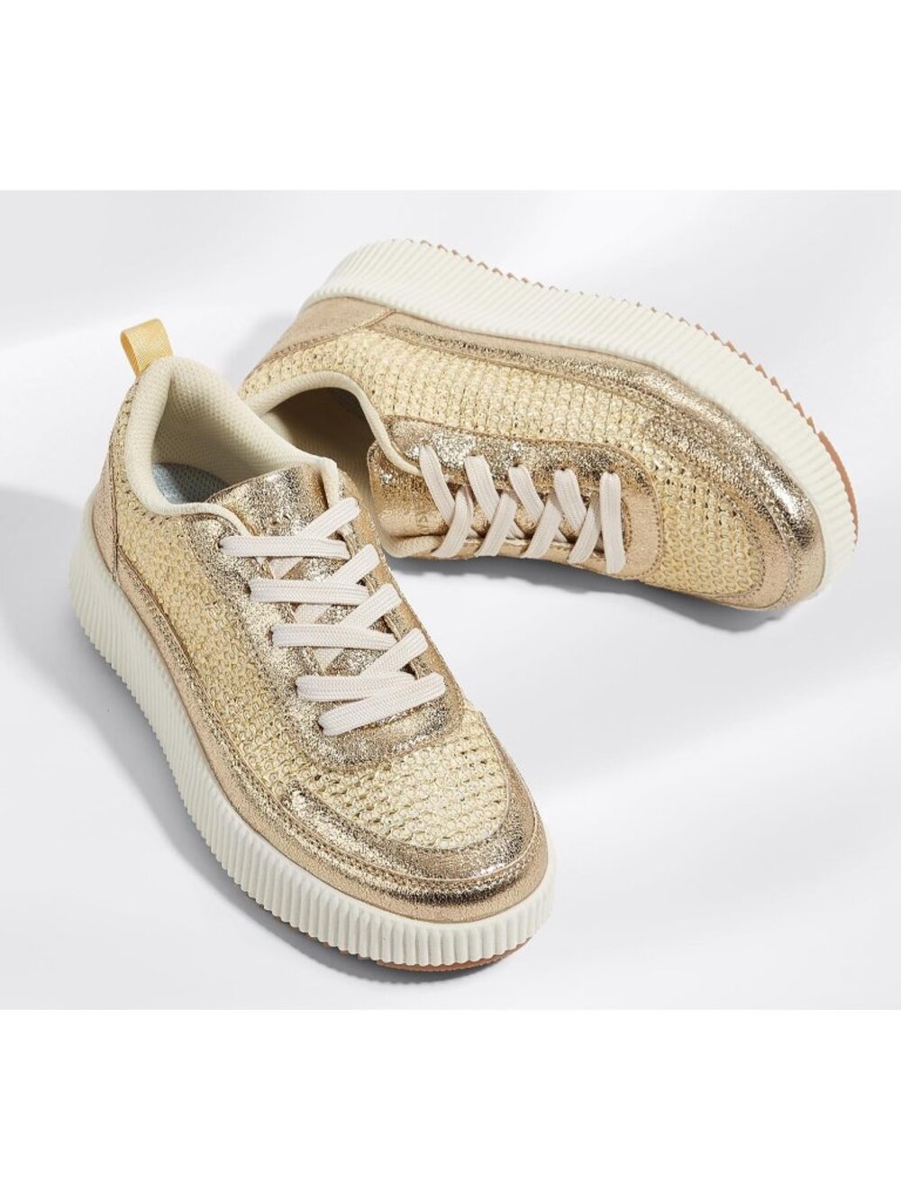 Women's Gold Knit Platform Casual Walking Braided Crochet Lace Up Cute Sneakers - Picture 5 of 6
